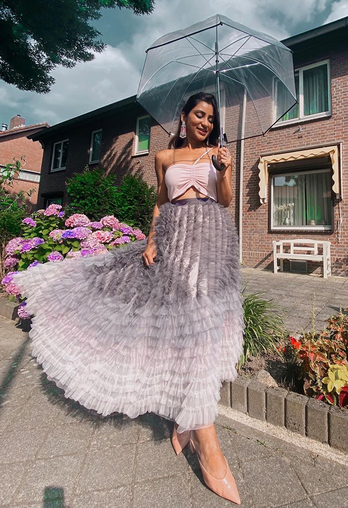 Gradient Tiered Ruffle Mesh Tulle Maxi Skirt