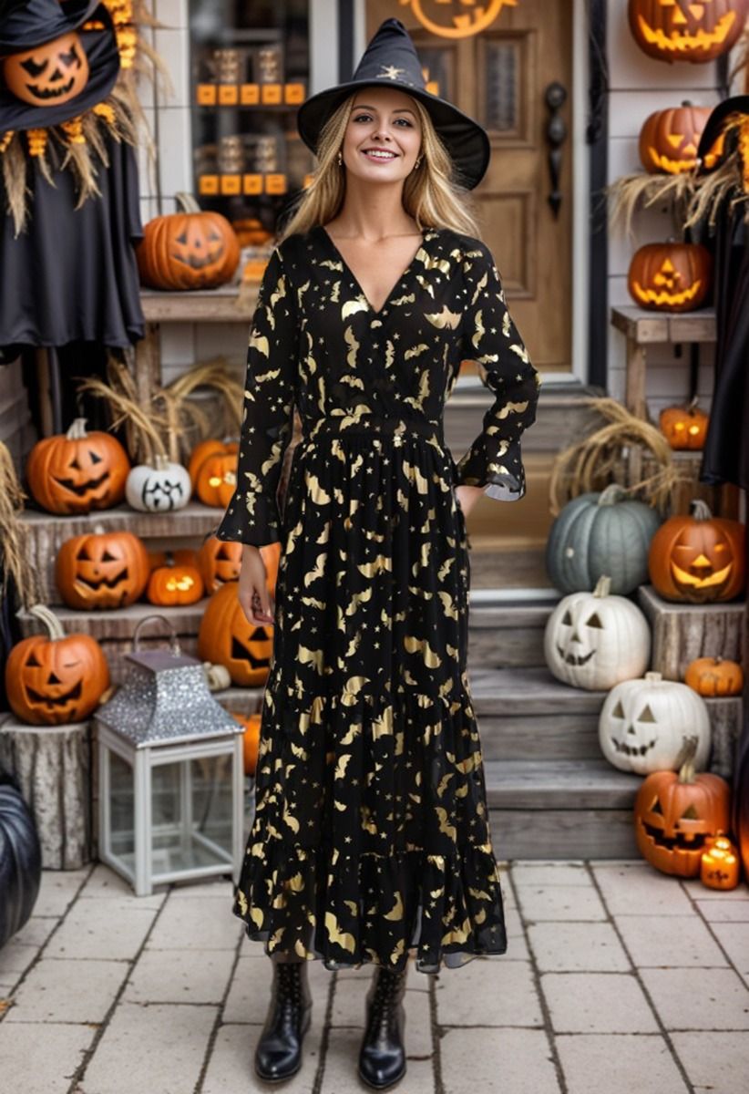Metallic Gold Bats Chiffon Maxi Dress Halloween Costumes