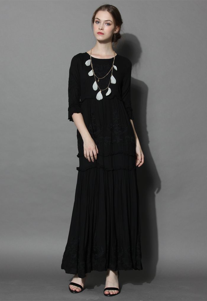 Grace Vines Embroidered Maxi Dress in Black