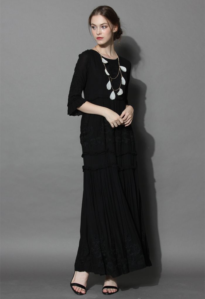 Grace Vines Embroidered Maxi Dress in Black