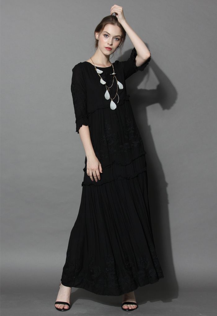 Grace Vines Embroidered Maxi Dress in Black