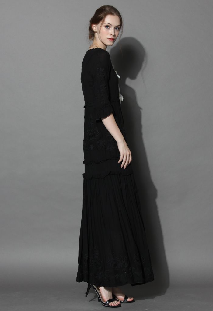 Grace Vines Embroidered Maxi Dress in Black