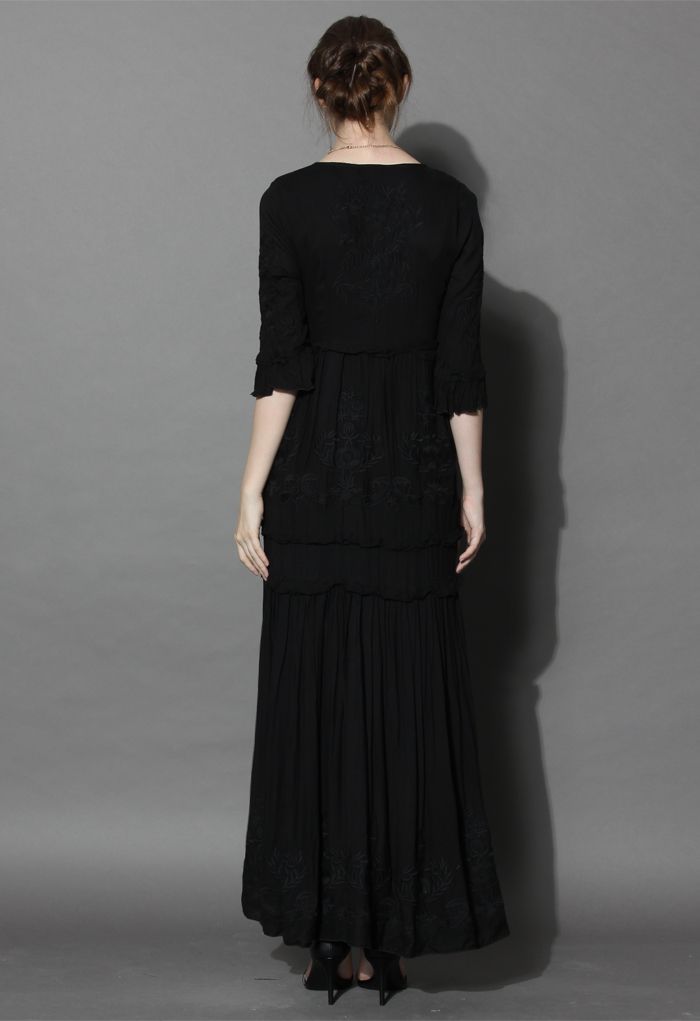 Grace Vines Embroidered Maxi Dress in Black