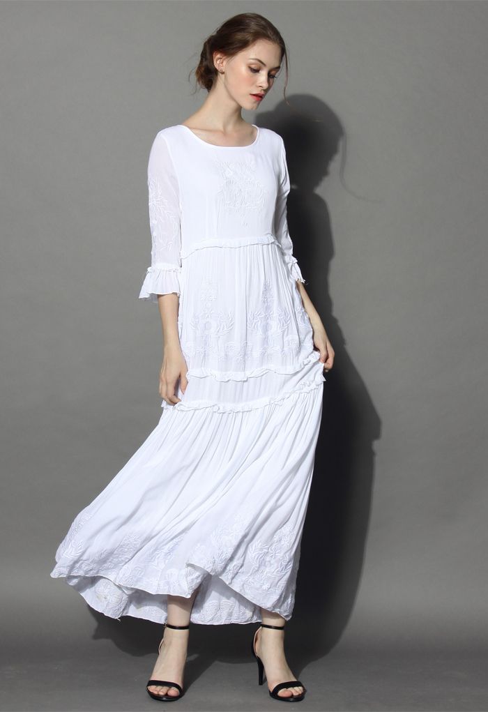 Grace Vines Embroidered Maxi Dress in White
