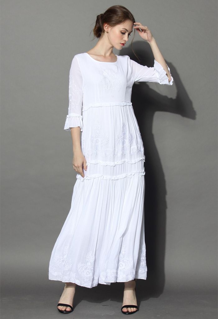 Grace Vines Embroidered Maxi Dress in White