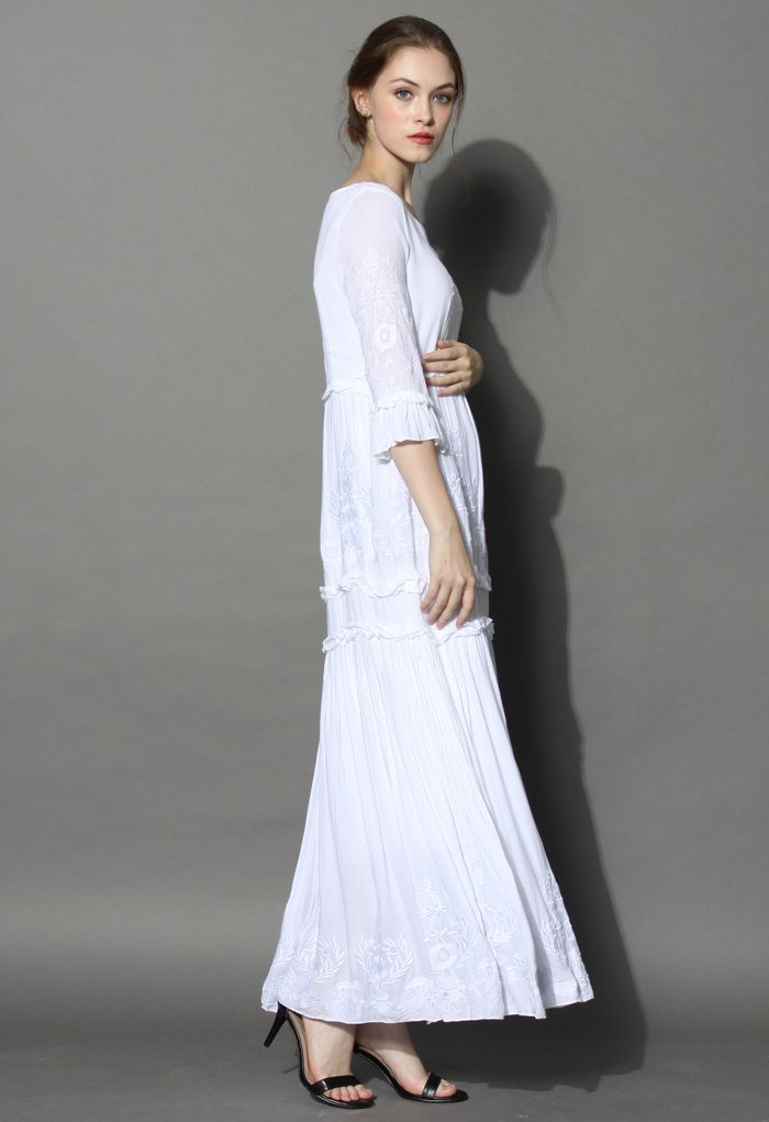 Grace Vines Embroidered Maxi Dress in White