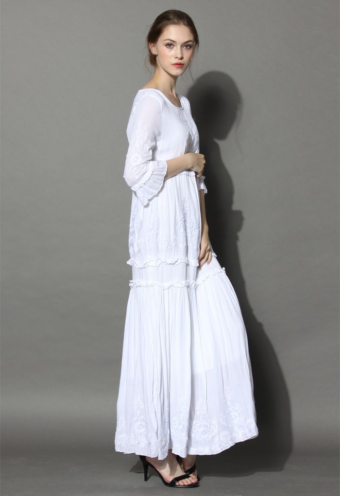 Grace Vines Embroidered Maxi Dress in White