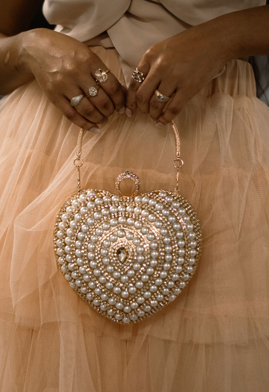 Heart Shape Pearl Decor Clutch in Gold