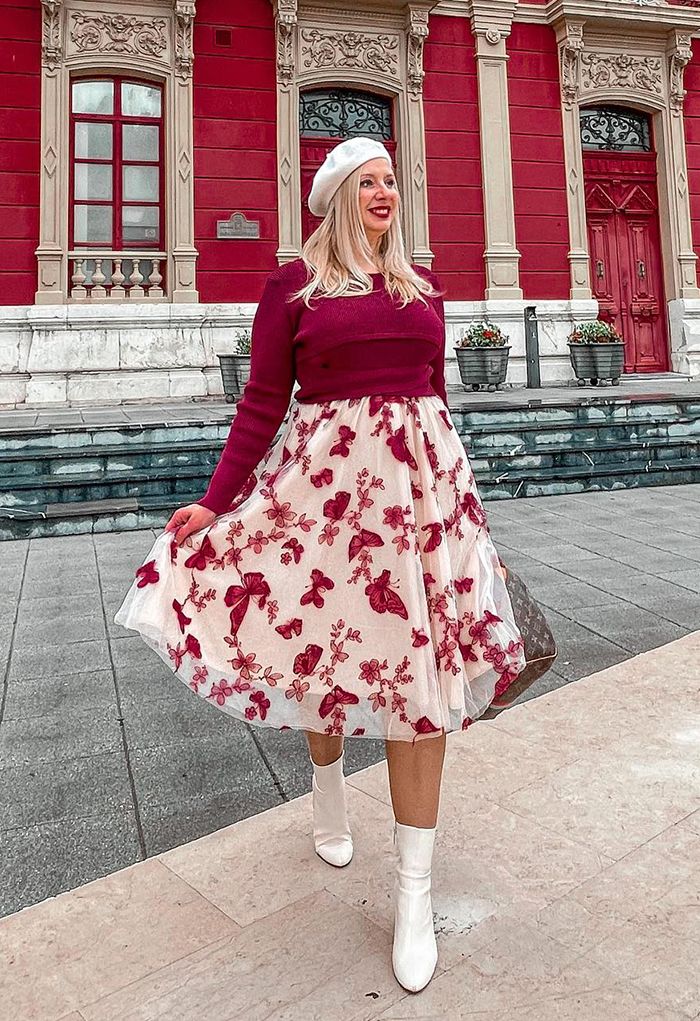 3D Butterfly Mesh Spliced Knit Dress in Red