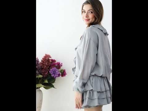 Ruffle Trim Tiered Hem Top and Shorts Set in Dusty Blue