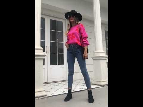 Cuteness Flowers Boxy Round Neck Knit Sweater in Hot Pink