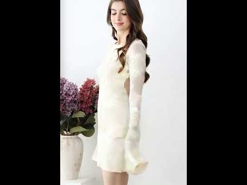 Tapework Lace Flare Cuff Mesh Mini Dress in Cream
