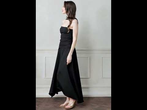 Halter Neck Ruched Asymmetric Maxi Dress in Black