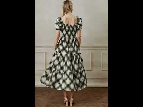 Green Diamond Printed Bubble Short Sleeve Frilling Dress