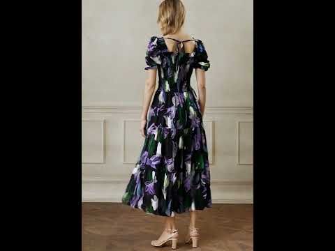 Purple Lily Printed Bubble Short Sleeve Frilling Dress