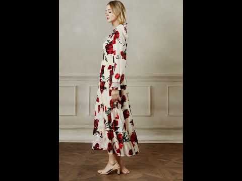 Blooming Rose Jacquard Ruffle Detail Shirred Maxi Dress in Cream