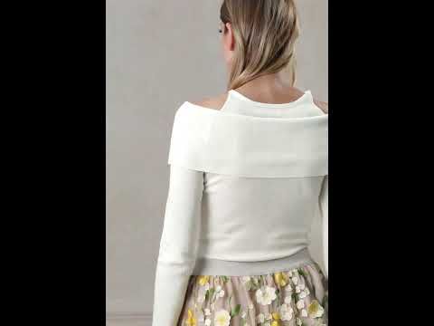 Floral Rhinestones Trim Cold-Shoulder Knit Top in Ivory