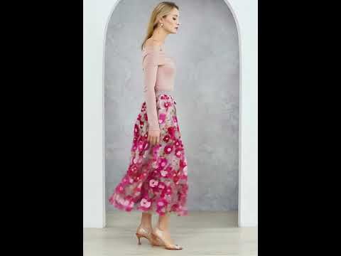 3D Floral Applique Mesh Tulle Maxi Skirt in Magenta
