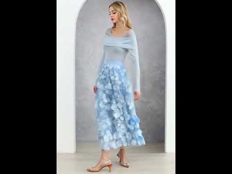 Floral Rhinestones Trim Cold-Shoulder Knit Top in Light Blue