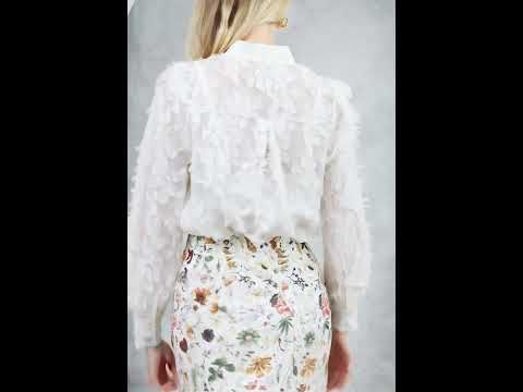 Fringed Jacquard Floral Organza Bowknot Sheer Shirt