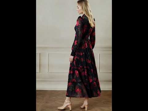 Blooming Rose Jacquard Ruffle Detail Shirred Maxi Dress in Black