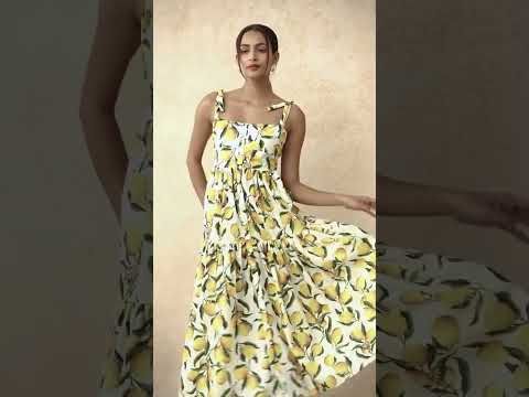 Vibrant Lemon Print Tie-Shoulder Buttoned Midi Dress