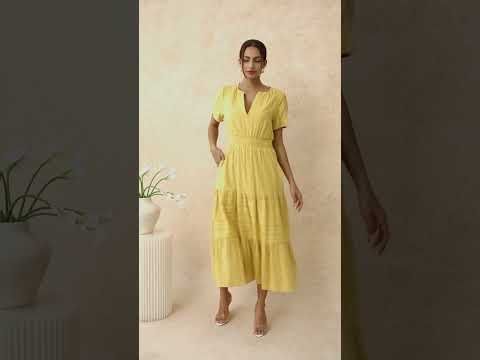 Notch Neckline Floret Eyelet Shirred Cotton Dress in Mustard