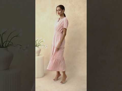 Notch Neckline Floret Eyelet Shirred Cotton Dress in Pink