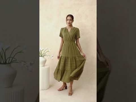 Notch Neckline Floret Eyelet Shirred Cotton Dress in Olive