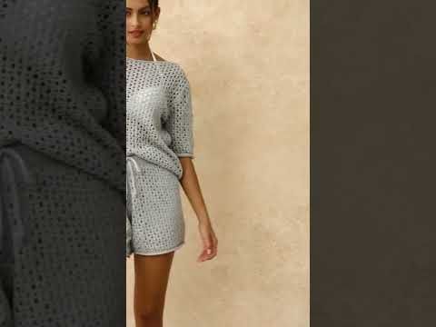 Hollow Out Tie-String Rolled Knit Shorts in Light Blue