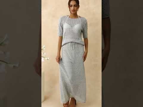 Hollow Out Rolled Hemline Drawstring Knit Maxi Skirt in Light Blue