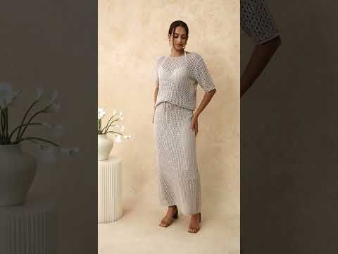 Hollow Out Rolled Hemline Drawstring Knit Maxi Skirt in Grey