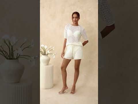 Hollow Out Rolled Edge Knit Top in Ivory
