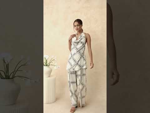 Geometric Grid Linen-Blend Backless Halter Top