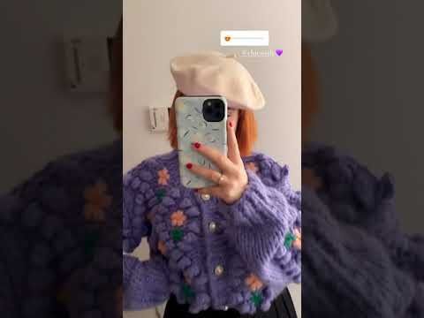 Stitch Floral Diamond Pom-Pom Hand Knit Cardigan in Purple 