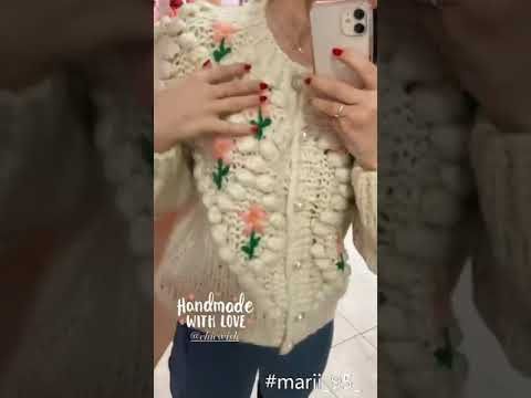 Stitch Floral Diamond Pom-Pom Hand Knit Cardigan
