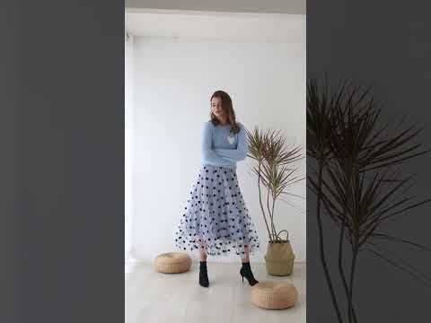 3D Heart Double-Layered Mesh Maxi Skirt in Blue