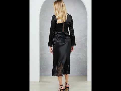 V-Neck Lace Panelled Button Down Satin Shirt in Black