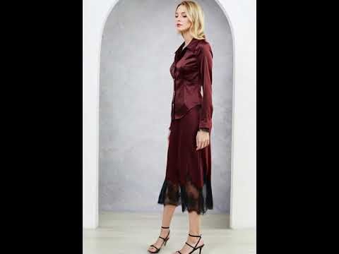 V-Neck Lace Panelled Button Down Satin Shirt in Burgundy