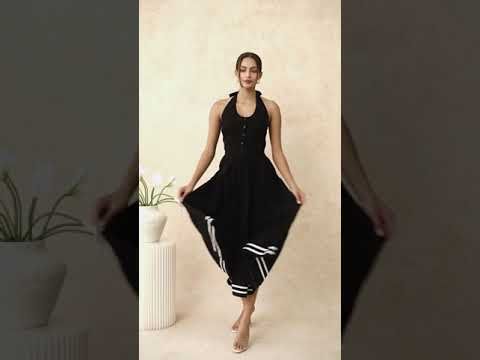 Striped Hem Self-Tie Halter Frilling Dress in Black