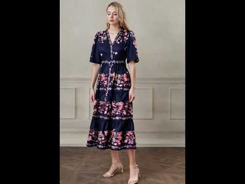 Falling Pink Blossom V-Neck Belted Buttoned Midi Dress