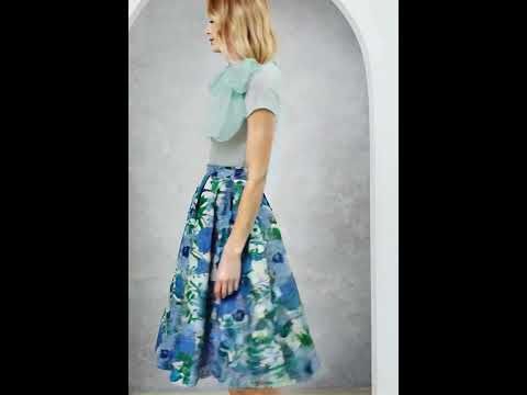Blue Hues Floral Embossed Jacquard Pleated A-line Midi Skirt