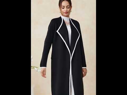 Contrast Edge Open Front Knit Coat in Black