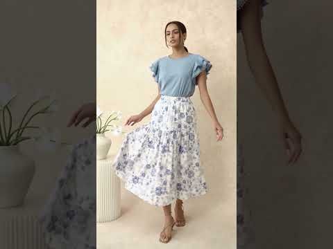 Blue Rose Printed Tiered Cotton Midi Skirt