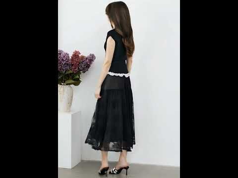 Gentle Lace Inserted Drape Neck Knit Top in Black