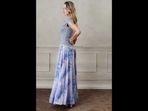 Watercolor Blue Floral Chiffon Maxi Skirt