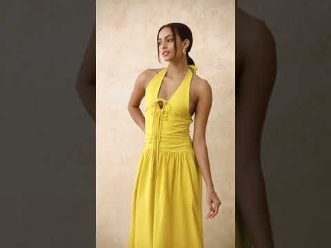 Bow-Tie Shirred Back Maxi Halter Dress in Mustard