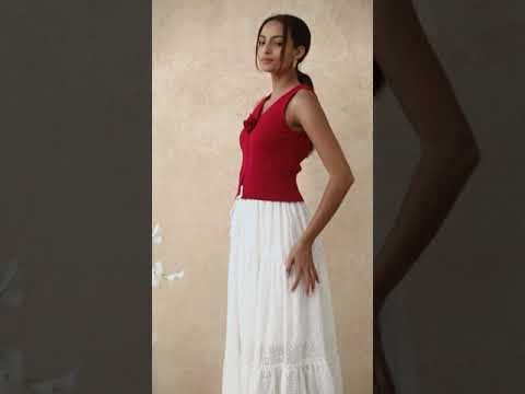 Eyelet Embroidery Tassel String Maxi Skirt in White