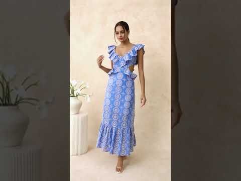Open Back Ruffle Floral Embroidery Eyelet Maxi Dress