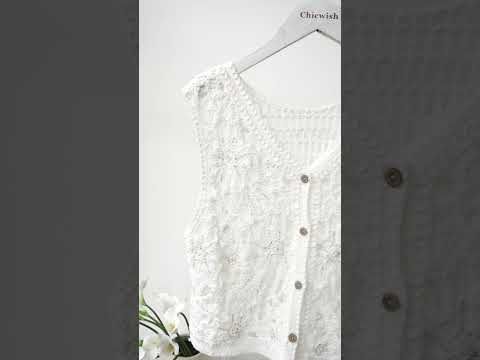 Sequined Floral Open-Knit Crochet Sleeveless Top in White